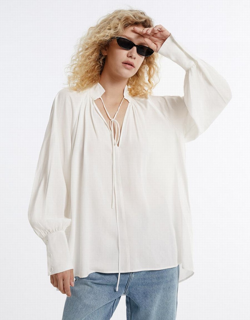 White Women\'s Urban Revivo Tie Front Blouse | CDM9673AL