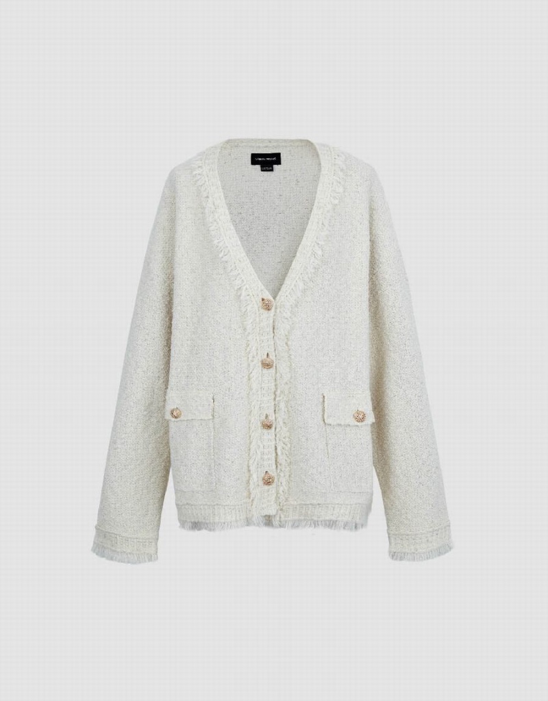 White Women's Urban Revivo Tweed Raw Trim V-Neck Knitted Cardigan | HWS5788OG