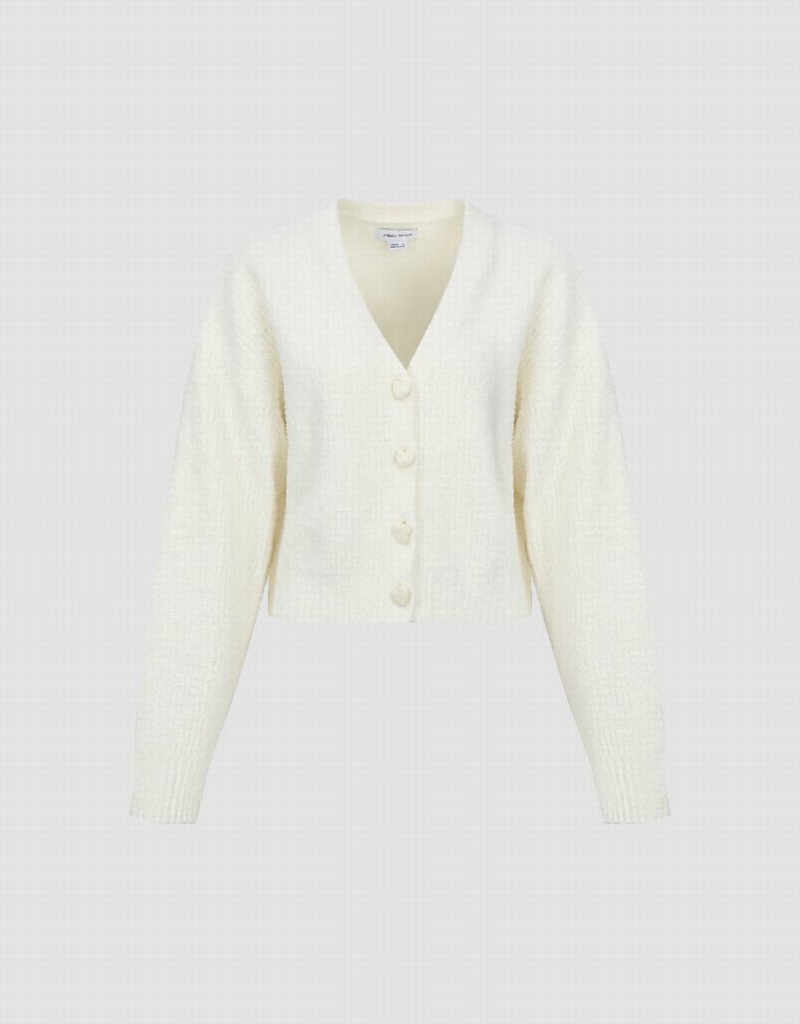 White Women's Urban Revivo V-Neck Knitted Cardigan | PHZ1522SE