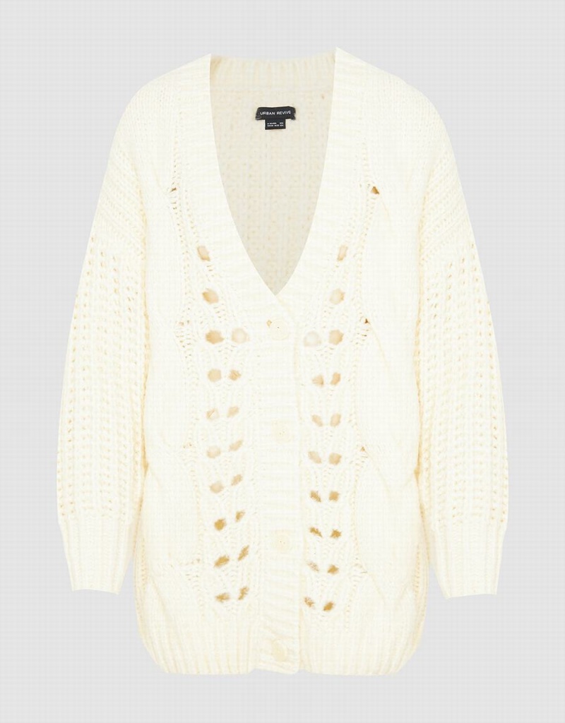 White Women's Urban Revivo V-Neck Knitted Cardigan | KZH3020KC