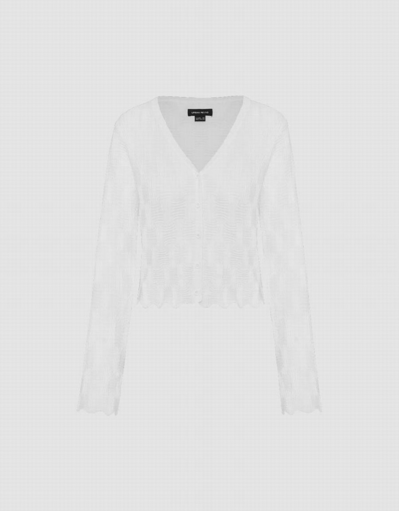 White Women's Urban Revivo V-Neck Knitted Cardigan | QVR6458FZ