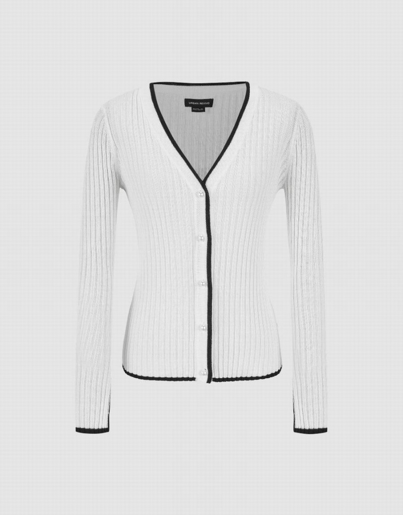 White Women's Urban Revivo V-Neck Knitted Cardigan | OXT6275NI