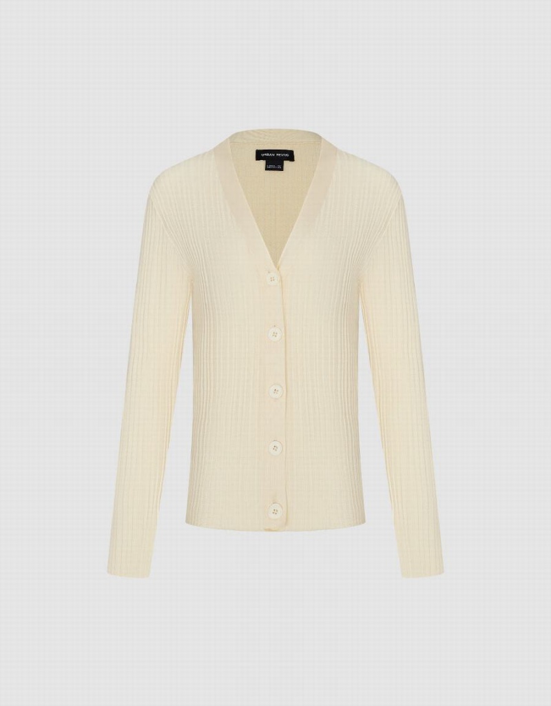 White Women's Urban Revivo V-Neck Knitted Cardigan | VAB2832NJ