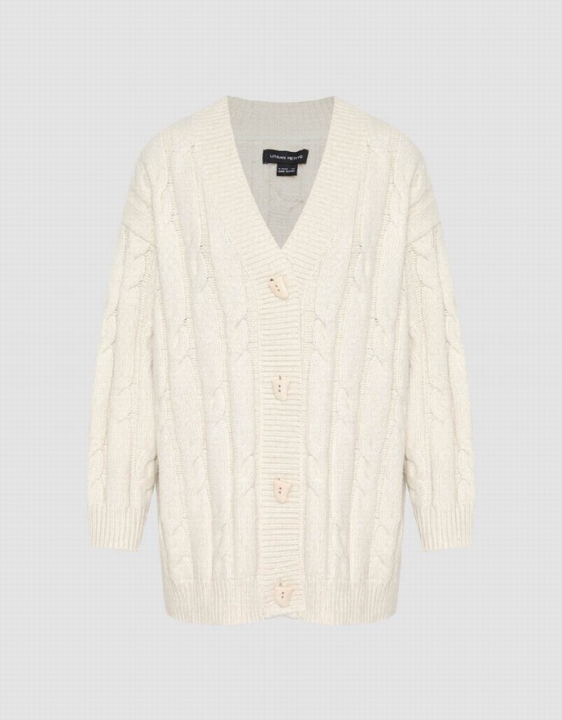 White Women's Urban Revivo V-Neck Loose Knitted Cardigan | NLY7218XX