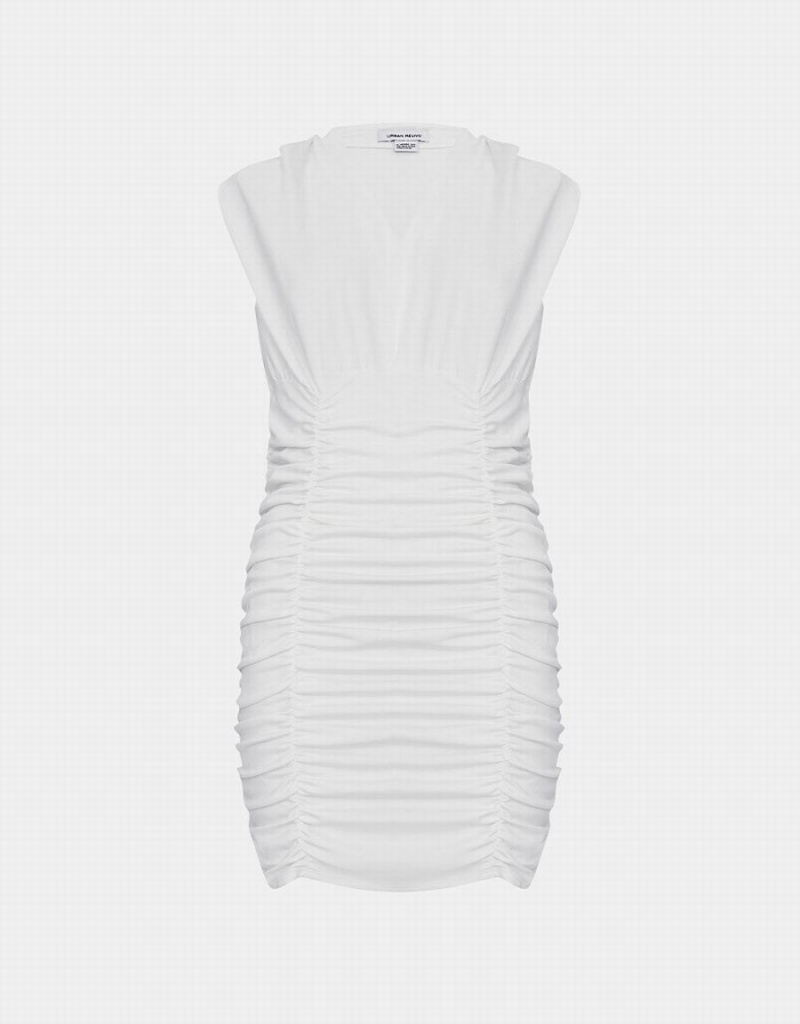 White Women\'s Urban Revivo V Neck Ruched Sleeveless Bodycon Dress | TIV2050EH