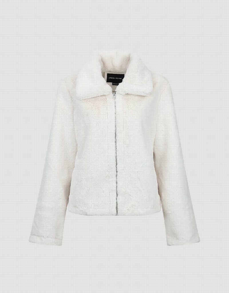 White Women's Urban Revivo Zipper Front Straight Furry Coats | DVM5270XK