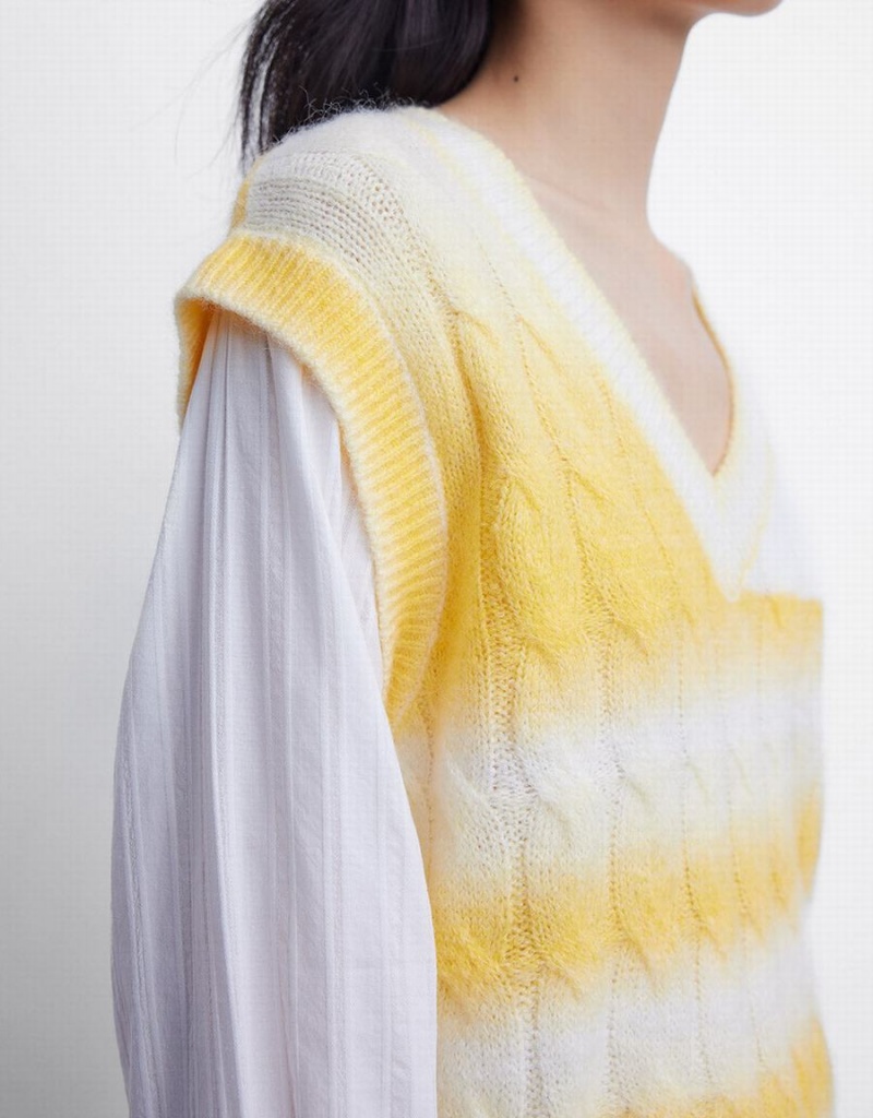 White Yellow Women's Urban Revivo 2 In 1 Striped Cable Knit Top Cardigan | SYZ4817NH