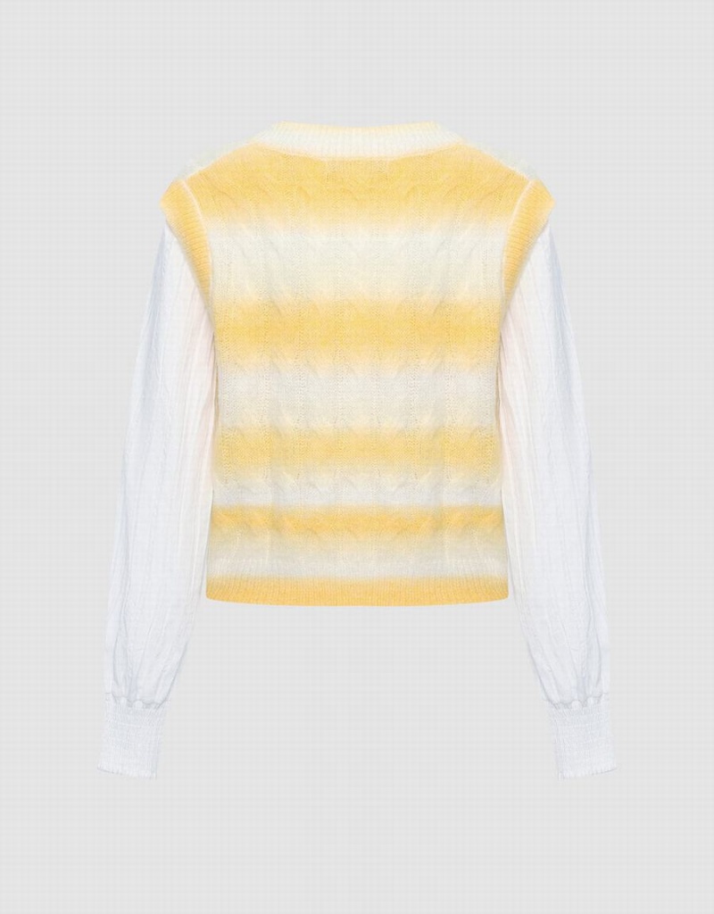 White Yellow Women's Urban Revivo 2 In 1 Striped Cable Knit Top Cardigan | SYZ4817NH