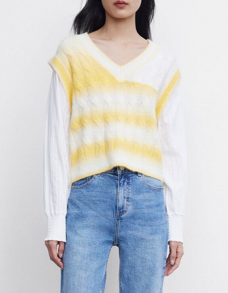 White Yellow Women's Urban Revivo 2 In 1 Striped Cable Knit Top Cardigan | SYZ4817NH