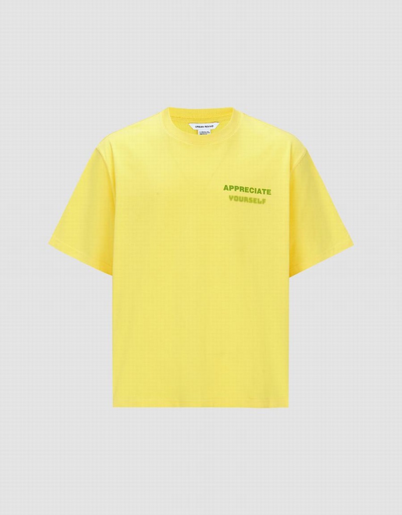 Yellow Men's Urban Revivo Letter Detail Crew Neck T Shirts | KYK327YA