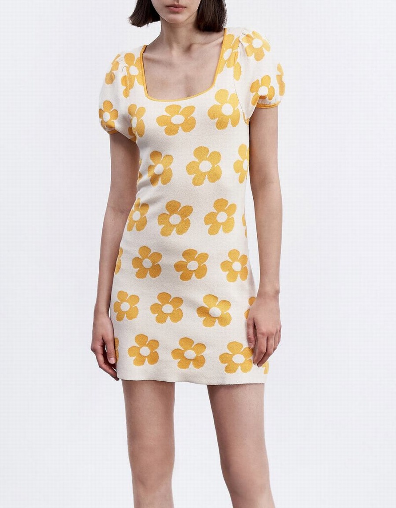 Yellow White Women's Urban Revivo Floral Pattern Puff Sleeve Knitted Dress | BMW8490EE