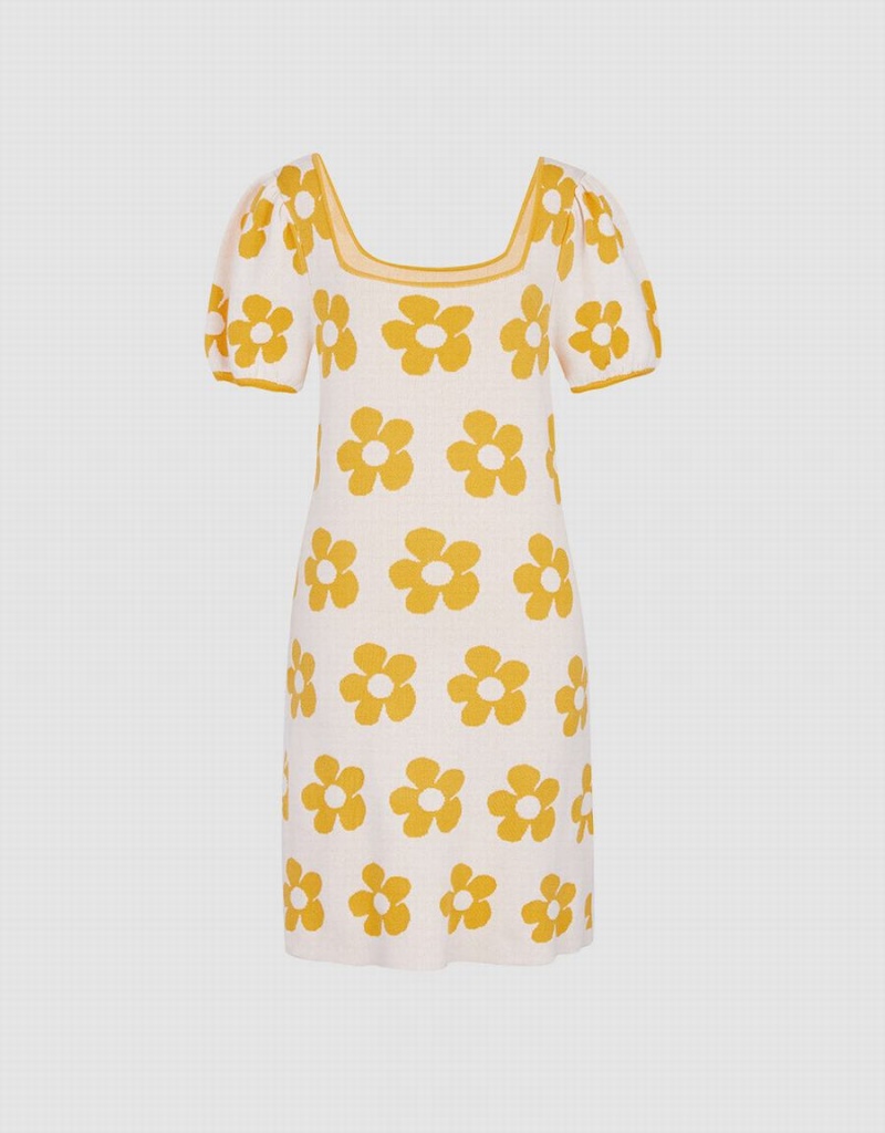 Yellow White Women's Urban Revivo Floral Pattern Puff Sleeve Knitted Dress | BMW8490EE