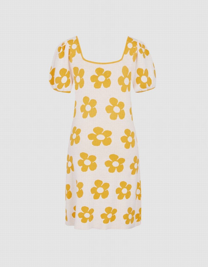 Yellow White Women\'s Urban Revivo Floral Pattern Puff Sleeve Knitted Dress | BMW8490EE