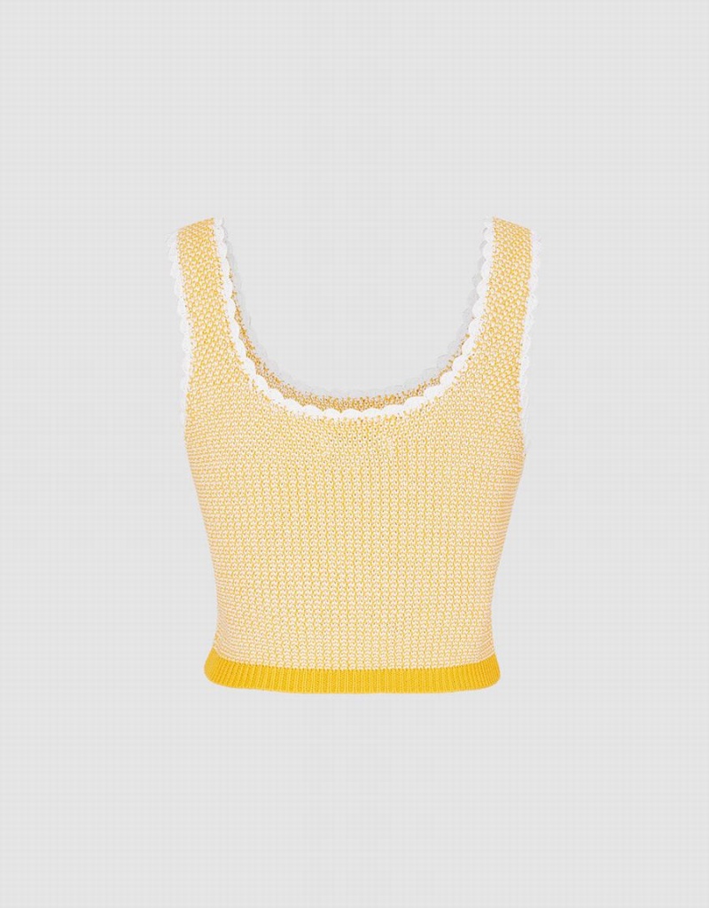 Yellow Women's Urban Revivo Contrast Trim Half Button Knitted Tank Top | NFK2176CG