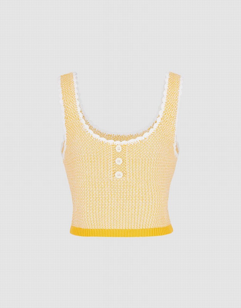 Yellow Women\'s Urban Revivo Contrast Trim Half Button Knitted Tank Top | NFK2176CG