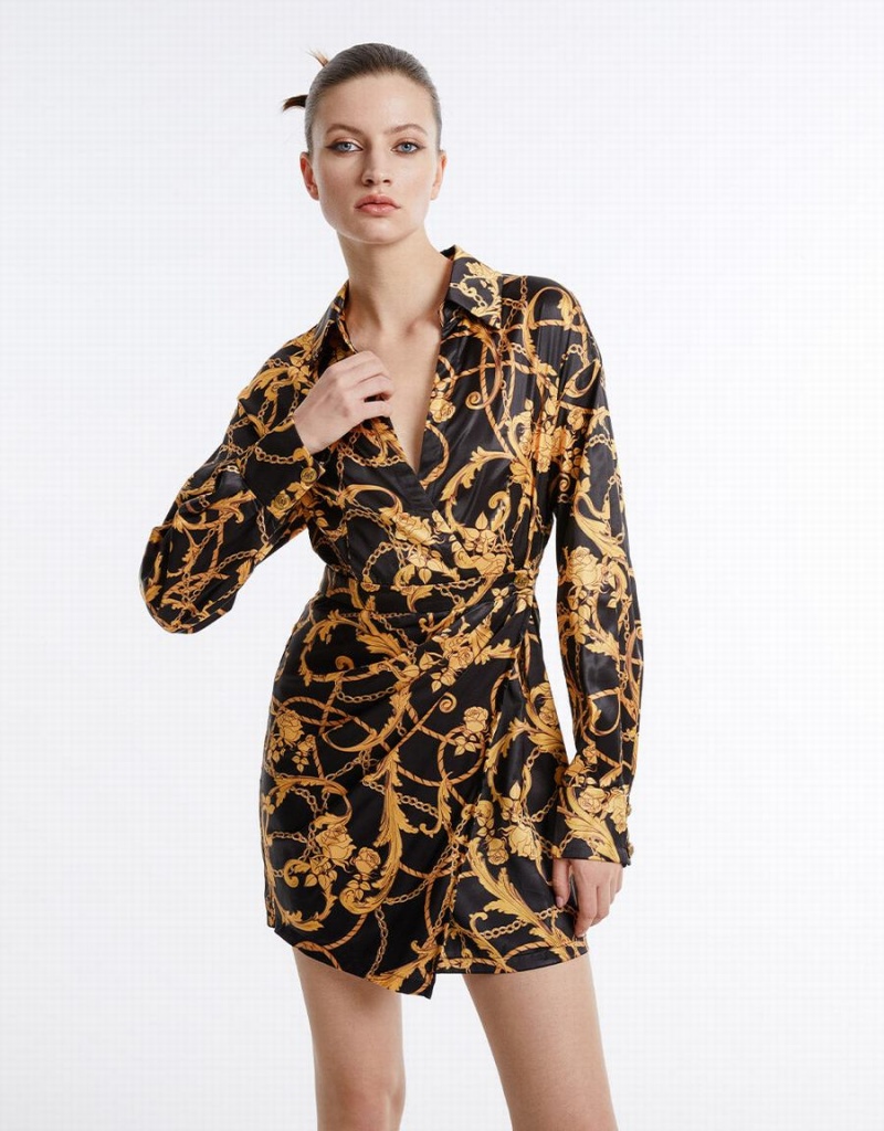 Yellow Women's Urban Revivo Printed Wrapped Dress | ROF7111SR