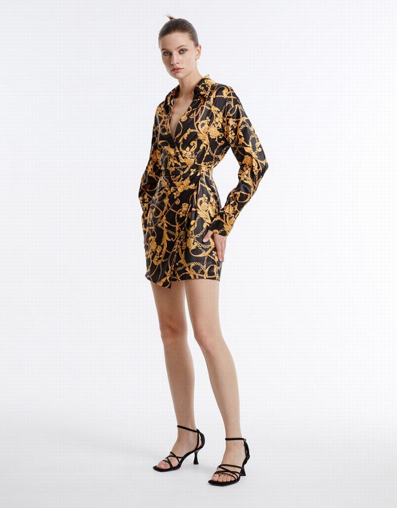 Yellow Women's Urban Revivo Printed Wrapped Dress | ROF7111SR