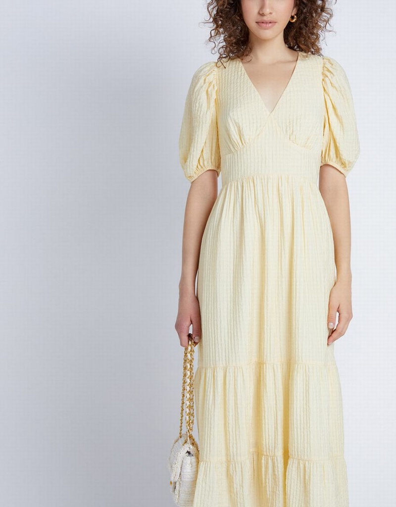 Yellow Women's Urban Revivo Puff Sleeve Tiered Midi Dress | GIB8382WI