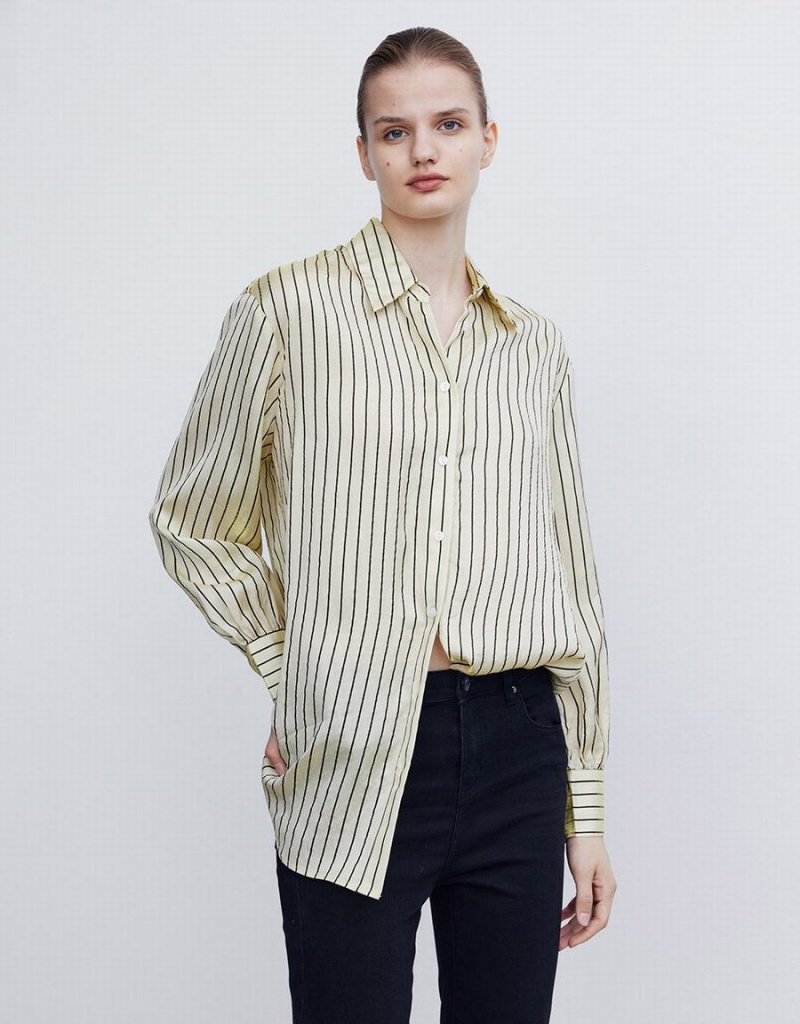 Yellow Women's Urban Revivo Striped Button Up Shirts | IXE663MZ