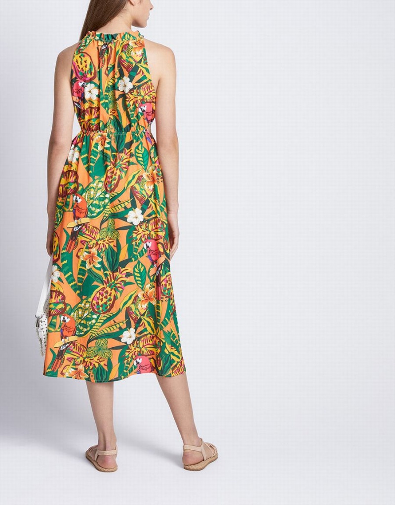 Yellow Women's Urban Revivo Tropical Print Cut Out Sleeveless Midi Sun Dress | PER4390RF