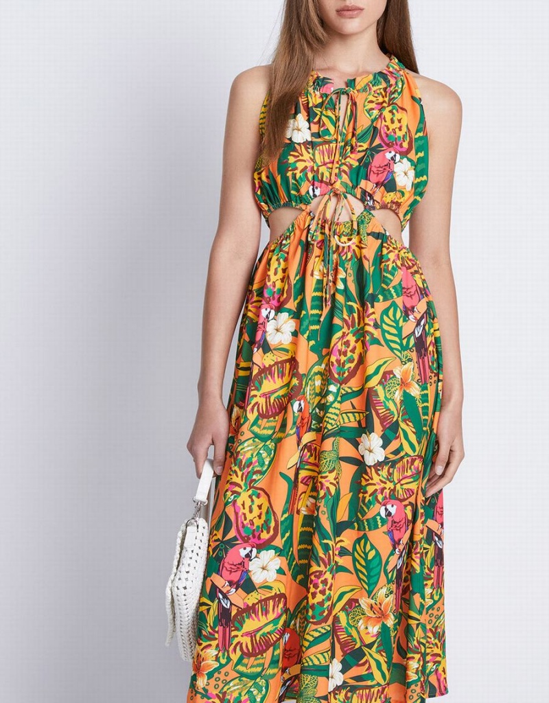 Yellow Women's Urban Revivo Tropical Print Cut Out Sleeveless Midi Sun Dress | PER4390RF