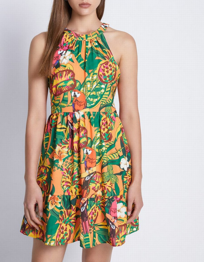 Yellow Women's Urban Revivo Tropical Print Sleeveless Sun Dress | OJA616NV