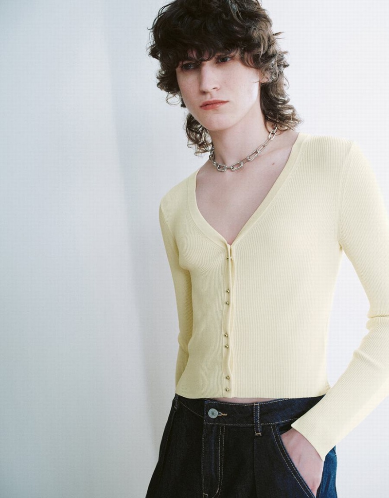 Yellow Women's Urban Revivo V-Neck Knitted Cardigan | PQY3369GX